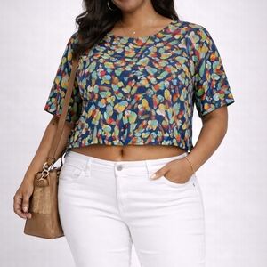 Terry Lewis Colorful Bird Print Navy Multicolor Blouse Plus Size 3x Vintage